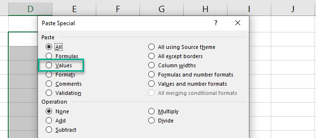 15 paste special values Selecting the Values option.