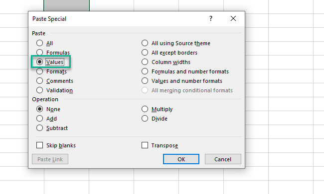 16 shortcut values paste Using shortcut to select values option.