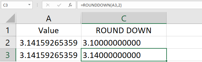 The number rounded down to two number of decimal places