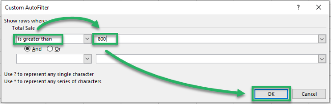  Inputting values Custom AutoFilter dialog box.