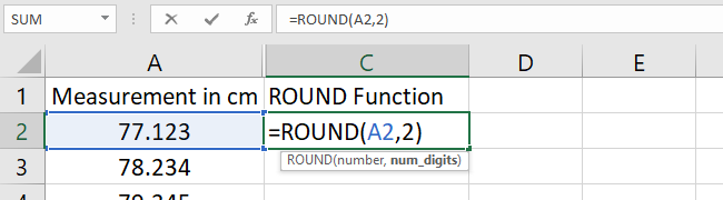 Type the num_digits in the ROUND function. Close the ROUND function with a parenthesis.