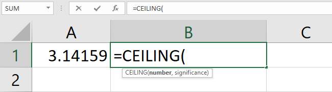 Type the CEILING function in a cell