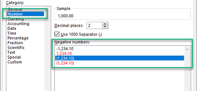 Choosing the negative number format