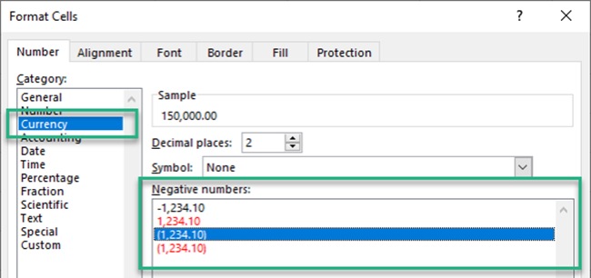 Choosing the negative number format