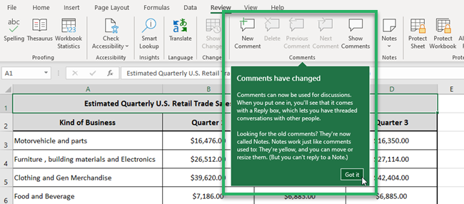 Microsoft Excel News comments and notes feature.