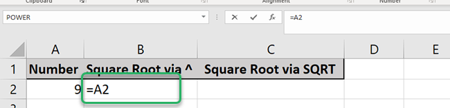 Our cell on this example is A2 where the actual number is stored (9).