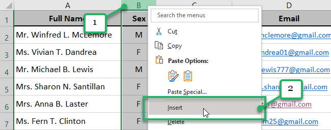 right click insert option