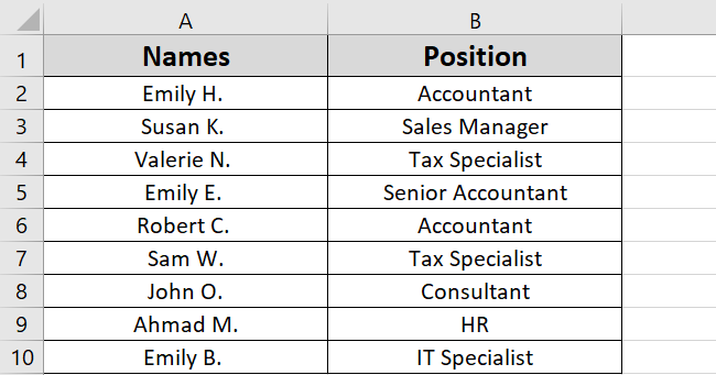 Example data set on the active worksheet. 