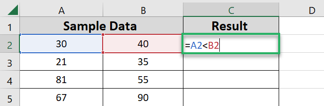 Entering Excel formula for Less than arithmetic operators. 