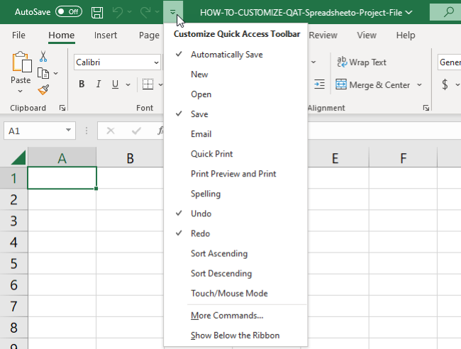 drop down menu of customize quick access toolbar