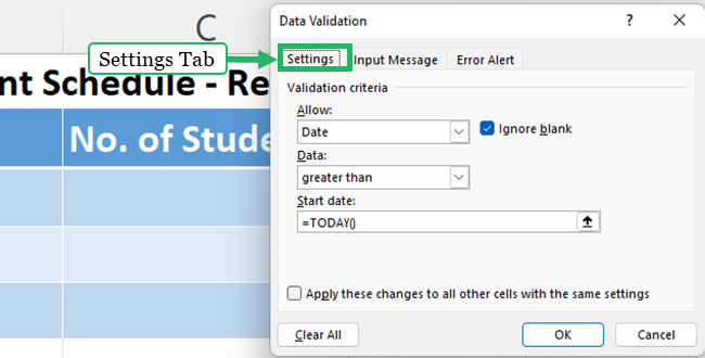 Settings tab to set data validation rules.