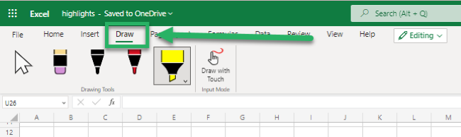 Draw tab Excel online