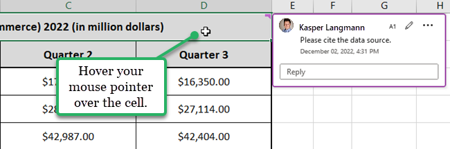 Hover your mouse pointer in the cell to see your comment.