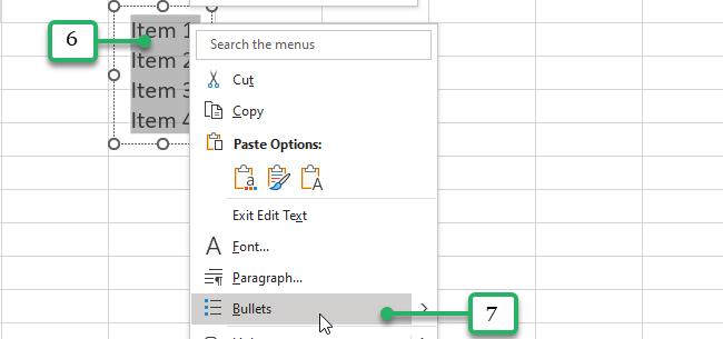 insert bullet points in Excel