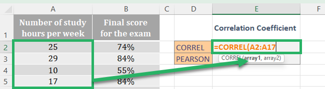 05 select data points Select data points of one variable as the array 1 of the correlation formula