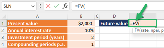 Select the FV function to calculate the future value using a compound interest rate