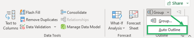 Selecting the auto outline option from the Outline group