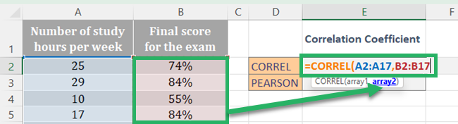 06 select other variable Select data points from the other variable for the correlation coefficient formula as the array 2.
