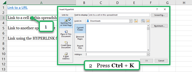 insert a hyperlink in same excel file