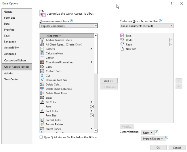 Customize quick access toolbar