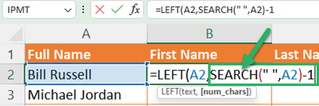 Using SEARCH function to get the number of characters of the first name.