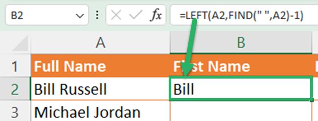 First name is extracted from the full name column using the LEFT function.