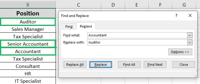 The Replace next option only replaced one entry. 