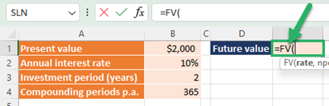 Entering FV function to calculate compound interest on daily basis