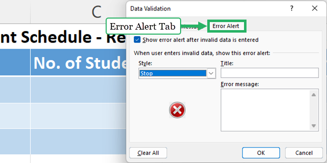 Error alert tab to create error alerts