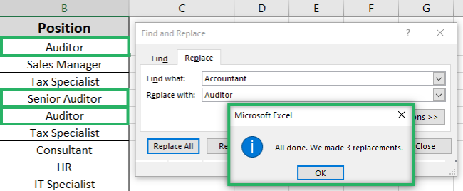 Excel makes all the replacements. question mark. 