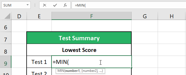 Type MIN function to get smallest value or min value in F9, your cell address