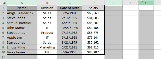 select all the cells in columns