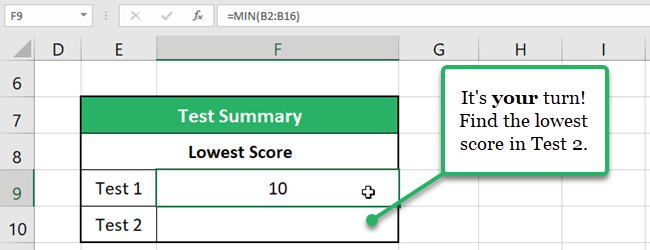 Use the MIN function to find the smallest value or min value