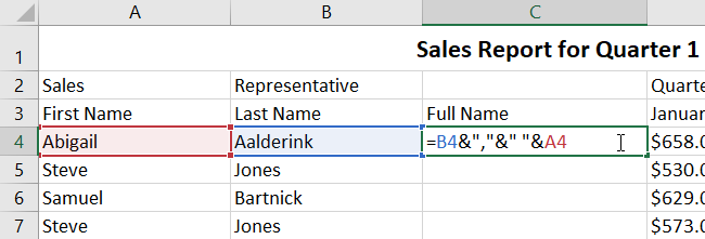 merge cells using operator in Microsoft excel