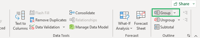 button for how to group rows in excel manually