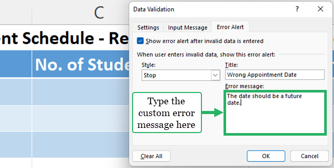 Entering the custom error message