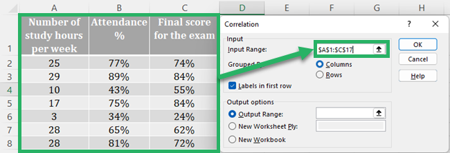 18 select input range Select the input range