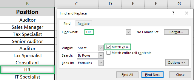 Match case showed the exact result. 