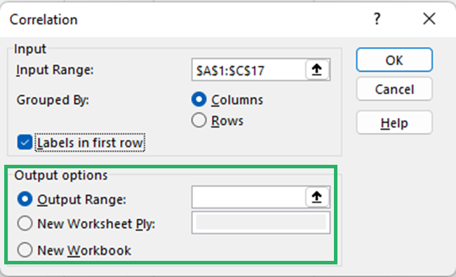 21 output range Select an option to get the Excel correlation matrix