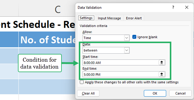 Entering condition for data validation in the data validation dialog box