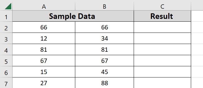 Sample data for not equal operator