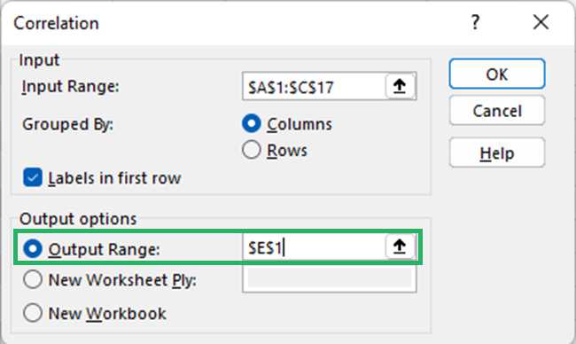22 select cell output Selecting a cell for the output range.