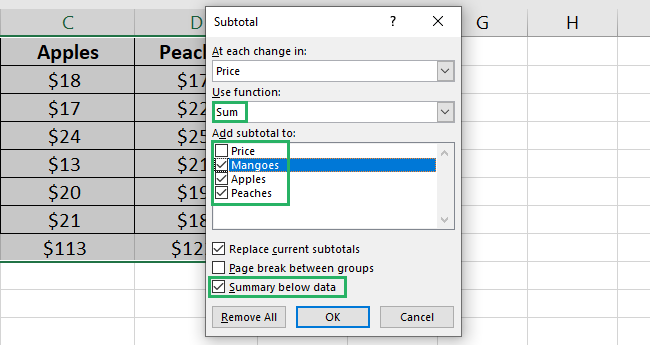 subtotal dialog box