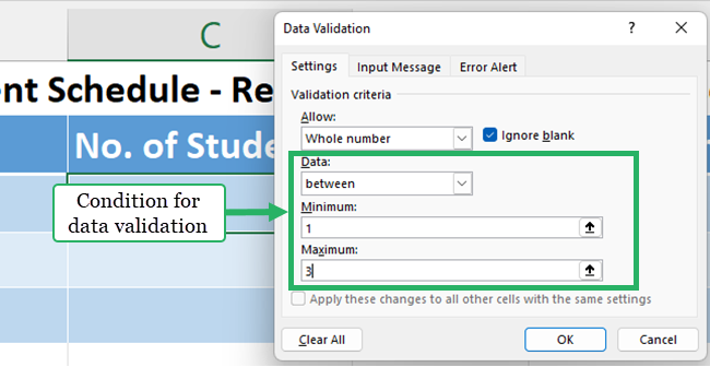 Condition for data validation