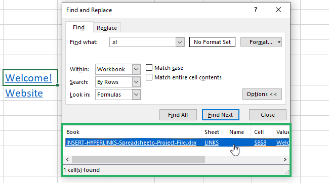 find hyperlink in excel spreadsheet