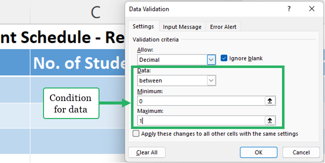 Select a condition for data validation