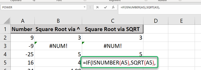 Excel will calculate square root using the SQRT function if logical express is TRUE