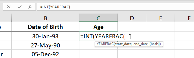 01 int function how to calculate age in Excel - type int function yearfrac function