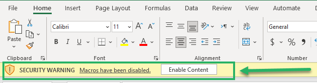 Microsoft Excel security notice