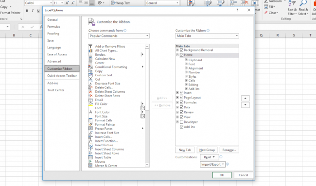 Microsoft Excel options for adding commands to the ribbon